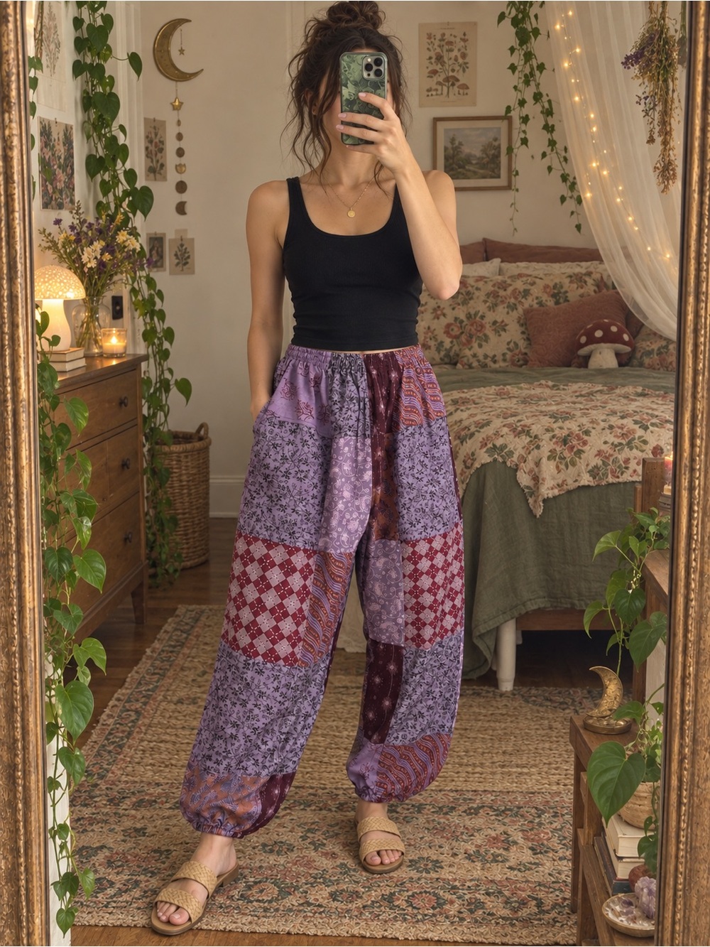 Boho Patchwork Elastic Waist Harem Pants - Purple